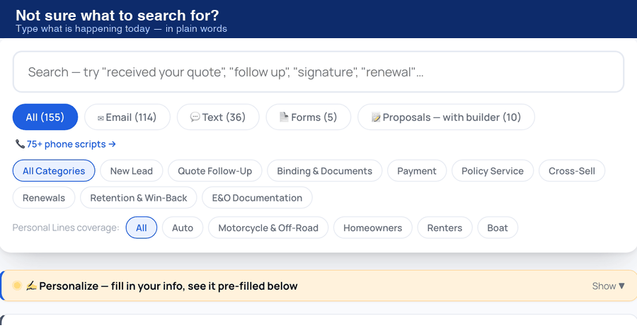 Typing renewal, certificate and declined into the search box, with matching templates appearing each time